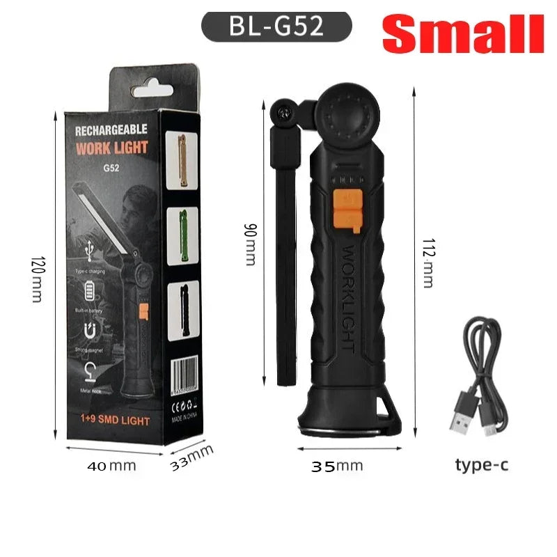 Portable COB LED Flashlight USB Rechargeable Work Light Magnetic Lanterna Hanging Lamp with Built-in Battery Camping Torch