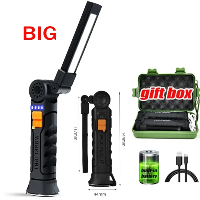 Portable COB LED Flashlight USB Rechargeable Work Light Magnetic Lanterna Hanging Lamp with Built-in Battery Camping Torch