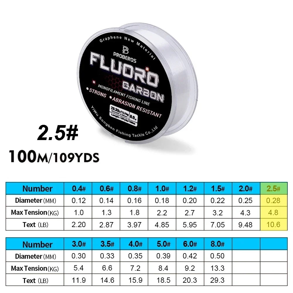 PROBEROS 100M Fluorocarbon Coating Fishing Line 2.2LB-29.3LB Carbon Fiber Monofilament Leader Line Carp Fishing Sinking Line