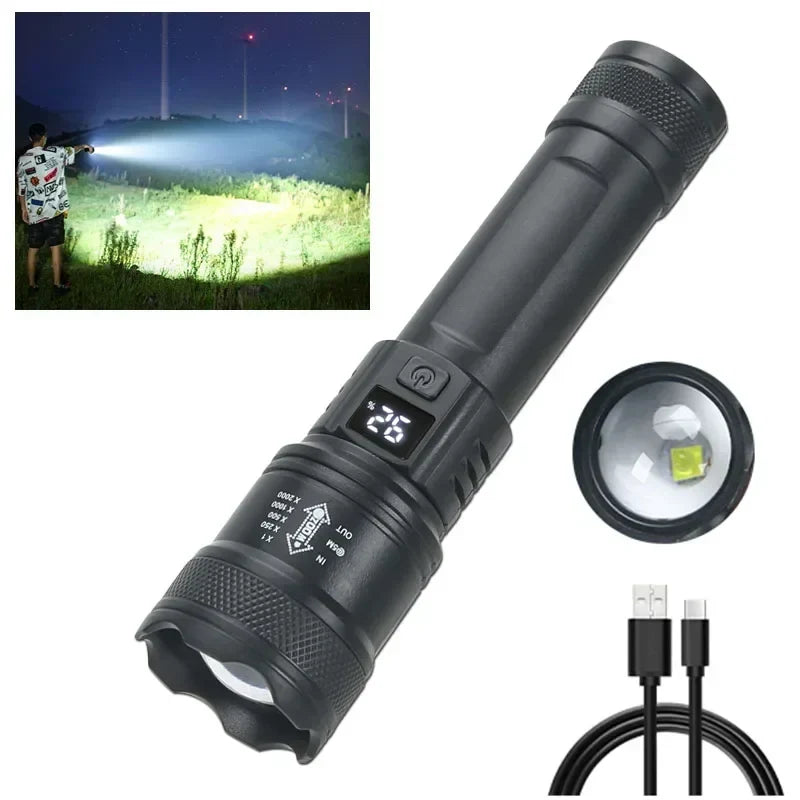 High Strong Power Led Flashlights 2000LM Tactical Torch with Display Light USB Charging Camping Fishing Emergency Zoom Lantern